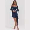 Robes décontractées Ahagaga Mode Légèrement Mature Sexy Mesh Manches Longues À Manches Longues Jupe Asymétrique Volants Robe Femmes