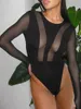 Mulheres camisetas Mulheres Moda Skinny Bodysuit Tops Preto Manga Longa Sheer Malha Patchwork Playsuit Skin Friendly S M L