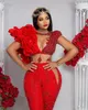 Aso Ebi Jumpsuit With Wrap Red Prom Dresses Crystals Pant Suit Ruffle Party Second Reception Gowns Plus Size Evening Dress