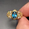 Deep Blue Topaz 925 파티를위한 실버 링 6mmx8mm VVS 등급 1CT 자연 토프 링 3 레이어 18K 골드 도금 실버 보석