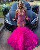 Fuchsia Pink African Prom Dress for Women Sparkly Luxury Diamond Crystal Feather Shear Mesh Birthday Divening Gown Robes de Gala