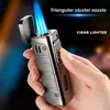 Three Flame Jet Cigar Lighter Metal Outdoor Portable Windproof Blue No Gas with Knife Tool Men's Gift