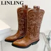 Boots Retro Genuine Leather Embroidered Cowboy for Women Chunky Heel Shoes Pointed Toe Vintage Classic Western Cowgirl 231206