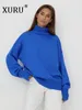 Women's Sweaters XURU- Knitted European And American Autumn Winter Loose Russian Half High Neck Sweater Long Sleeve