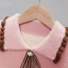 가자가 가을을위한 카디건 소녀 스웨터 한국 스타일의 단단한 컬러 로글 링 칼라 어린이 두꺼운 따뜻한 양털 라이닝 탑 231206