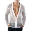 Mäns casual skjortor 2023 Summer V Neck Sexig skjorta Mesh Transparent Cardigan Long Sleeve T-shirt Trendy