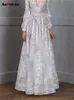 Robe Maxi en dentelle brodée pour femmes, col en V, nouvelle mode, ligne A, maille élégante, couleur unie, manches bouffantes, robes de soirée