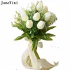 Bruiloft Bloemen JaneVini Witte Tulp Kunstboeket Nep PU Bruid Bloem Groene Bladeren Bruidsmeisje De Fleur Mariage
