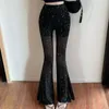 Women's Pants Korean High Waist Mesh Perspective Casual Women Summer Black Flare Shiny Design Quick Drying Tight Sexy Straight Trousers