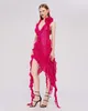 2024 Kvinnliga modeklänningsbanor klänningar oregelbunden midjeband sexig klänning, avancerad kryddig tjejblomma klänning, rött nyårskrig