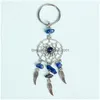 Nyckelringar Bohemian Dreamcatcher Keychain Metal Feather Pendum Keyring Natural Crystal Stone Pendant Handväska prydnad Acc Drop Delive Dhduo