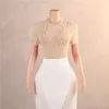 Ivory White Pearls Tea Length Mother Dresses Formal Occasion Wears Sheath Jewel Neck Cap Sleeve Women Evening Party Gowns Mother of Bride Greeom Wedding Dress BM3510