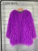 Winter Mid Long Faux Fur Coat Women Korean Fashion Candy Color Sleeve Fluffy Sheep Jacket Black Pink
