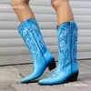 Stiefel Cowgirl Frauen Stickerei Kniehohe mittlere Wade Cowboy Slip On Spitz Zehen Candy Farbe Mode Schuhe Winter Western 231205