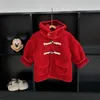 Куртки, детское пальто, коллекция 2023 года, зимняя корейская детская одежда для мальчиков и девочек, рождественская пряжка с капюшоном, красный плюш