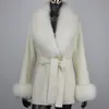 Mulheres misturas de lã jaquetas CXFS inverno mulheres caxemira misturada casaco real natural gola de pele de raposa moda jaqueta fina com cinto solto outwear 231206