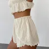 Vêtements de nuit pour femmes Sexy dentelle évider pyjamas pour femmes sans manches sangle à volants haut court et shorts deux pièces ensemble costume de maison tenues