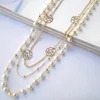 Anhänger Halsketten Luxus Kamelie Mehrschichtige Lange Perlenkette Marke Design Rose Blume Pullover Kette Für Frau