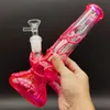 Cachimbo de água de 10,5 polegadas que brilha no escuro rosa veia vidro cachimbo de água para fumar + tigela de 14 mm