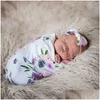 Blankets Swaddling Baby Kids Headband Bow For Girl Nylon Blanket Ddle Printed Sleep Sack Set Newborn Turban Accessoire Gift Drop Deliv Dhg8M