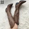 Stiefel GOGD 2024 Mode Damen bestickt Western Cowboy Cowgirl Das Knie klobige Absätze spitzer Zeh langes Reiten 231205