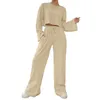 Calças femininas de duas peças Mulheres Crop Top Elastic Cintura Pant Set Cor Sólida Drop Ombro Tee Calças Simples Loungewear