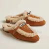 Sandals Winter Warm Plush Women Slippers Metal Lock Decor Leather Mules Round Toe Slingback Pumps Female Slip On Outside Casual Shoes 231206