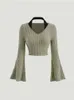 Kvinnors tröja Kontrast Collar Bell Sleeve Crop Tee Halter Western Ribbed Knit Slim Long Shirts Tops Elastic Basic Stretch 231205