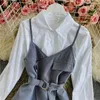 Kvinnor BLOUSES SPRING Fashion Temperament Oregelbundet spetssling Stitching Two-Piece Medellångt fast färgskjorta C159