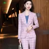 Women's Two Piece Pants Women Blazer And Pant Suit Elegant Pink Gray Blue Apricot Plaid Trouser Ladies Female Formal Office Work Business 2