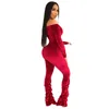 Designer Long Sleeve Velvet Jumpsuits Women Fall Winter Off Shoulder Rompers Sexy Deep V-neck Jumpsuits Casual Pleated Leggings Wholesale Clothes 10396