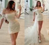 Lantejoulas brilhantes curto a linha praia vestido de casamento cinta de espaguete mini vestido de noiva destacável trem vestidos de casamento de verão novia