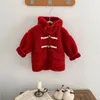 Куртки, детское пальто, коллекция 2023 года, зимняя корейская детская одежда для мальчиков и девочек, рождественская пряжка с капюшоном, красный плюш