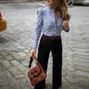 Women's Blouses Women Long Sleeve Striped Puffed Frill Hem Casual Blouse Elegant Ladies Workwear Shirt Top Blusas Mujer