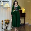 Casual Dresses Vintage France Green Velvet Floral Dress For Women Chic Auricular A-line Party Prom Robe Winter Spring Harajuku Clothes