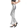 Kvinnors tvåbitar byxor Pantalon en cuir Brillant Metallique Evase Pour Femmes Leggings Sexig Taille Haute Pantalon A Cloche Extensible 70s Disco 4 231206