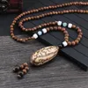 Chaînes Style ethnique rétro longue chaîne de pull en bois Bodhi pendentif collier de perles en bois accessoires en lin de coton pour hommes et femmes