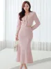 Duas peças vestido primavera coreia mulheres conjunto de duas peças vintage rosa tweed colar quadrado feminino curto jaqueta sereia saia chique terno senhoras roupas 231205