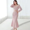 Duas peças vestido primavera coreia mulheres conjunto de duas peças vintage rosa tweed colar quadrado feminino curto jaqueta sereia saia chique terno senhoras roupas 231205