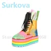 Boots Rainbow Sheepskin Fashion Women Height Increasing Transparent Female Pub Bar Short Mixed Color Party Ladies Shoes 231206