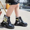 Boots Fashion Literary Print Pocket Girls Brand Design Belt Booties Kids Patent Leatherette Thick Sole Checkered Ankle Shoes 231206