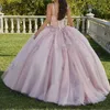 ピンクの光沢のあるQuinceaneraドレスボールガウンノースリーブアップリックレースVestidos Para Quinceanera 2024 Brithday Party Gown