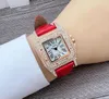 Montre à Quartz américaine haut de gamme pour femmes, bracelet en cuir rouge rose, horloge étanche, bague pleine de diamants, affaires, loisirs, Ultra mince, carré, cadran de réservoir romain