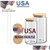 Mokken Us Ca Stock 16Oz Sublimatie Glas Bier Met Bamboe Deksel St Tumblers Diy Blanks Frosted Clear Can Cups Warmteoverdracht Cocktail Drop Dhlbk