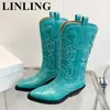 Boots Retro Genuine Leather Embroidered Cowboy for Women Chunky Heel Shoes Pointed Toe Vintage Classic Western Cowgirl 231206