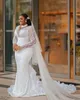 2024 Plus Size Arabic Aso Ebi Sheer Neck Mermaid Wedding Dress Longeepes Pärlor paljetter Sexiga brudklänningar klänningar skräddarsydda vestidos de novia