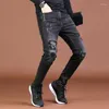 Мужские джинсы Брюки Узкие мужские ковбойские брюки Облегающие рваные узкие рваные черные с дырками Рваные джинсовые ткани Стираные обычные Роскошные