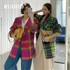 Женские костюмы Блейзеры RUGOD-костюмы в трикотажном стиле a carreaux pour femmes Veste vintage ceinturee col cranterose vif vert mode coreenne Elegante automne hiver 231205