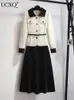 Two Piece Dress UCXQ Black White Contrast Elegan Women 2 Piece Set With Belt Tweed JacketHigh Waist Fashion Skirt Autumn Winter 3A5179 231205