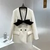 Womens Suits Blazers Autumn and winter French contrast color big bow decoration longsleeved loose casual doublebreasted suit jacket female 231206